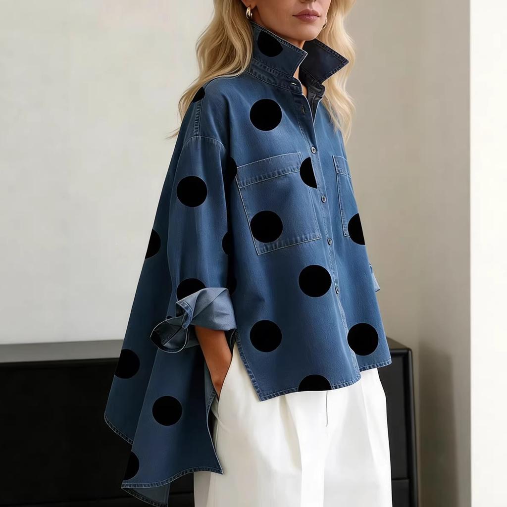 European and American cross-border 2026 printed imitation denim stand-up collar casual shirt