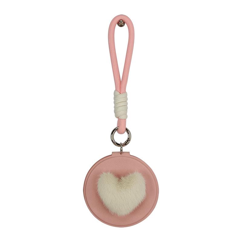 Heart Shape Pom Pom Mirror PU Leather 85mm Round Folding Double-Sided Portable Compact