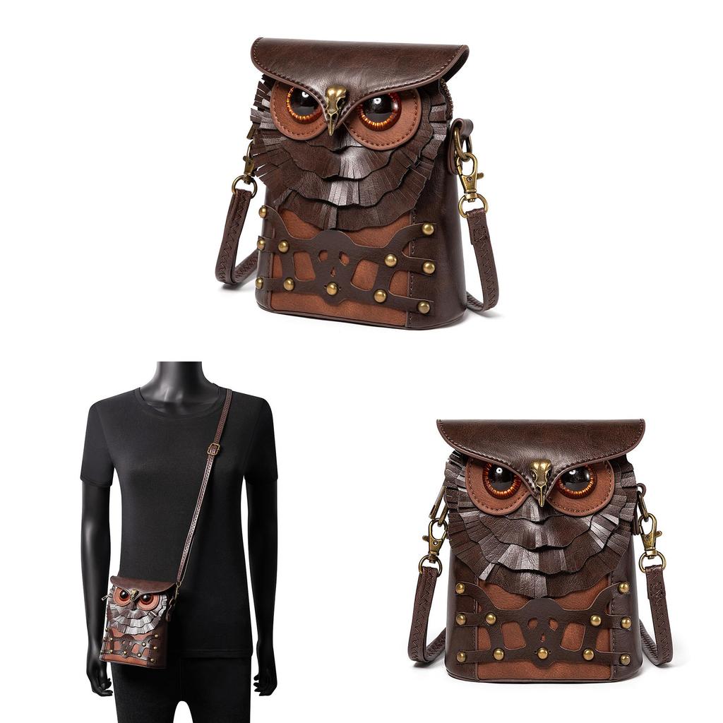 Steampunk Cat Owl Mini Pu Shoulder Bag With Floral Embellishments And Magnet Closure For Casual Days