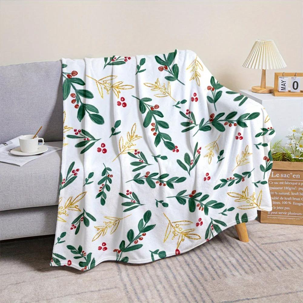 Winter Plant Pattern Throw Blanket Flannel Material With Festive Greenery And Berries For Couch Or Bed Use Warm - Touch