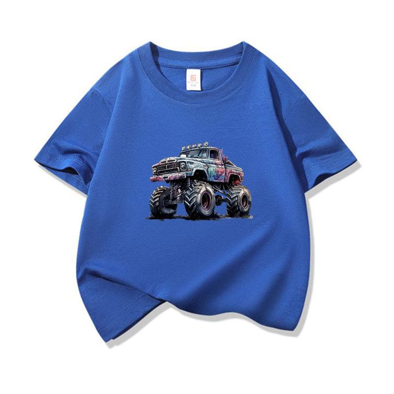 Kids Cotton T Shirt Cool Cartoon Offroad Vehicle Print Crew Neck Short Sleeve Tee Casual Boys Girls Summer Tops