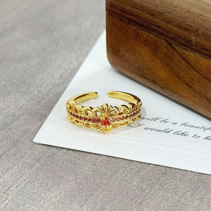 Medieval Vintage Orange Red Zircon Inlaid Simple Open Ring Female Retro Flower Temperament Niche Index Finger Ring