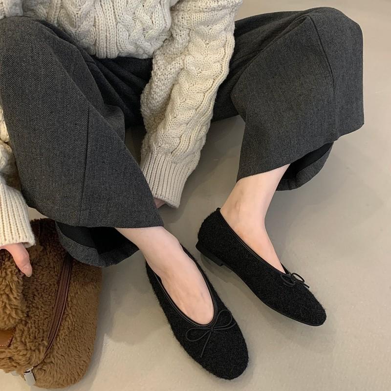 Flat bottom square head bow woolen single shoes women's 2025 autumn and winter new cotton shoes plush grandma shoes Korean version of woolen shoes