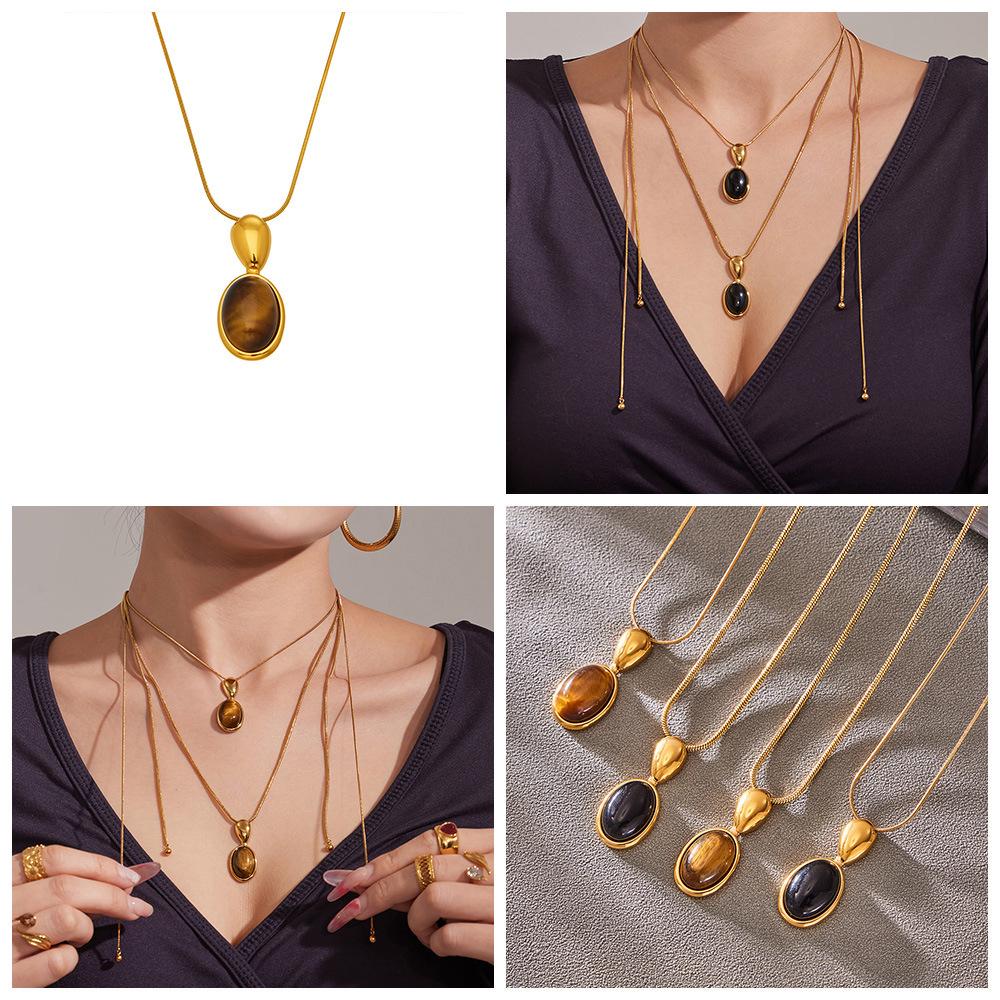 Fashion Agate Pendant Adjustable Long Sweater Chain - Simple Stainless Steel Design