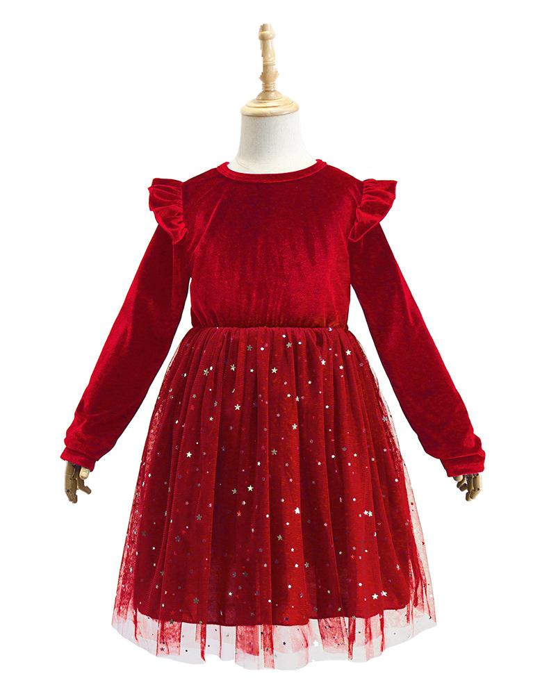 Girls Long Sleeve Red New Year Christmas Clothing Star Mesh Dress Princess Dress Performance Clothing Children's Clothing