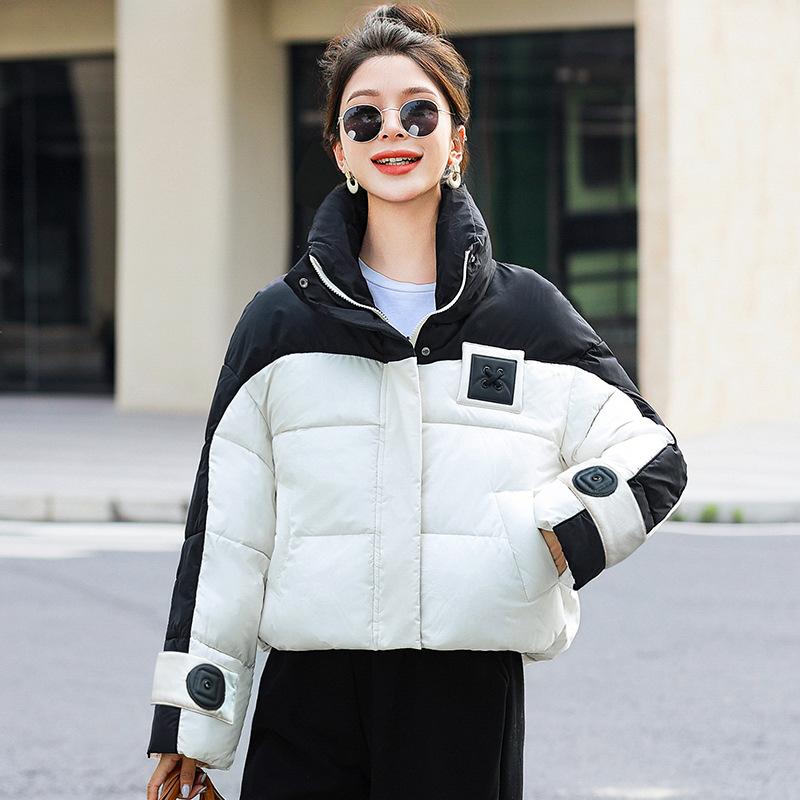 Short down cotton jacket color-blocking bread jacket 2025 winter new warm and thickened women's Korean version of high-waisted cotton jacket