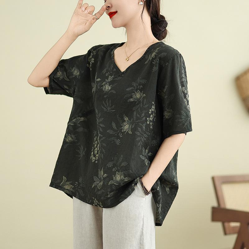 Cotton and Linen New Chinese Large-size Women's Summer Thin Retro Ethnic Style Versatile Loose V-neck Short-sleeved T-shirt for Women