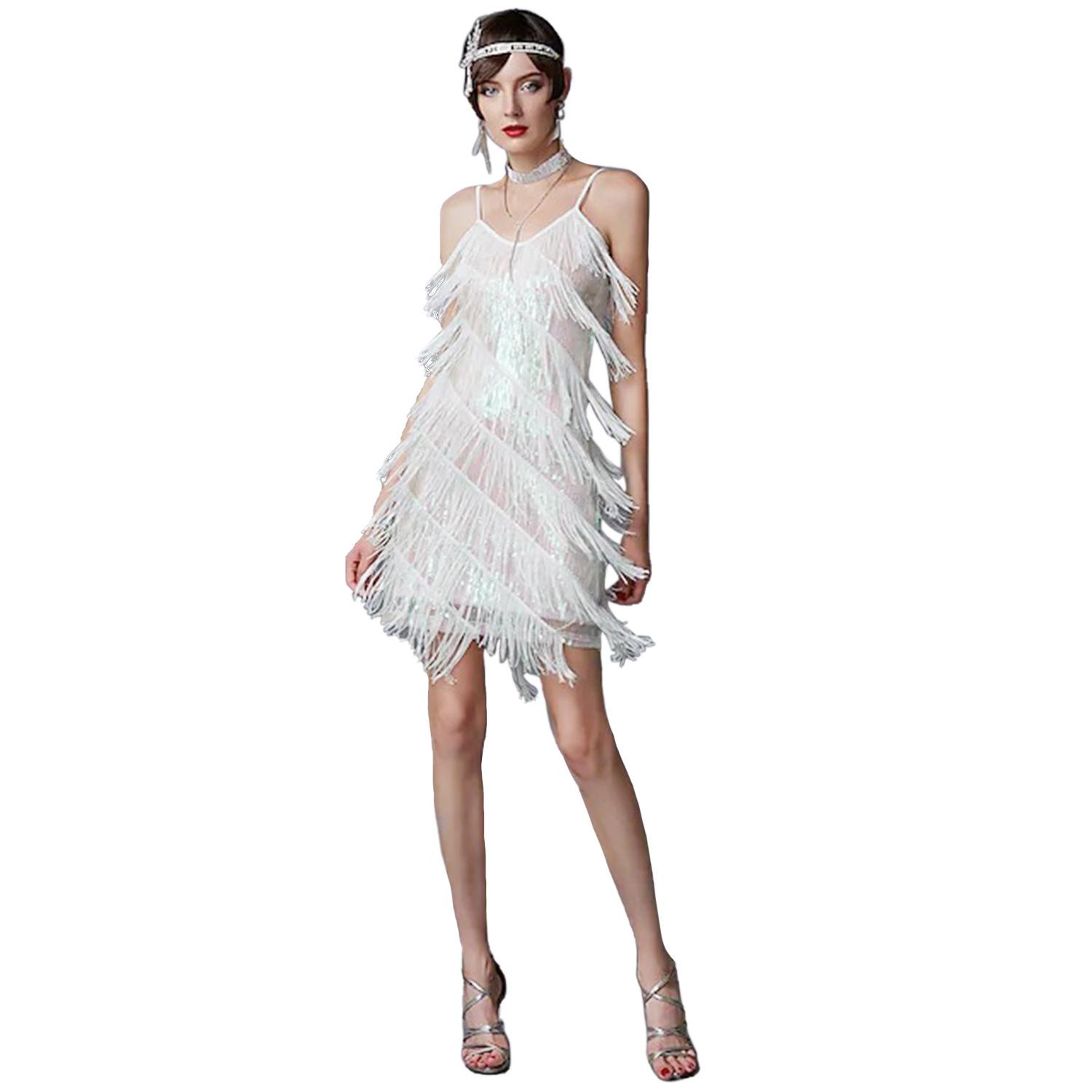 Gatsby 1920s Tassel V-Neck Spaghetti Strap Evening Gown: Retro Latin Dance & Cocktail Party Dress 3XL