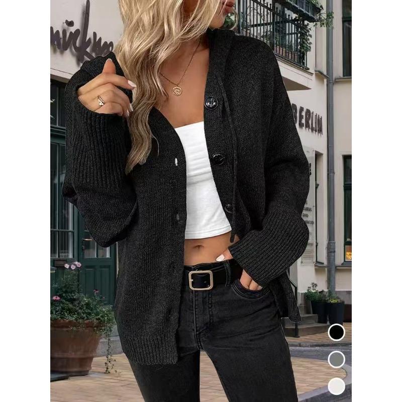 Women S Hooded Knit Button Cardigan Loose Fit Solid Color Sweater Coat