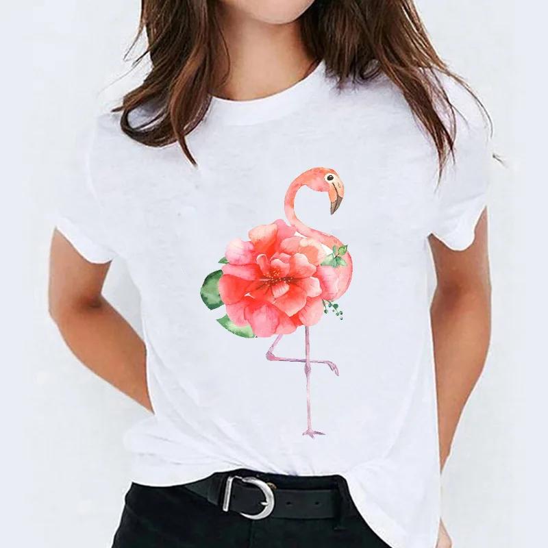 Flamingos Pattern Half Sleeve Tshirt Womens Harajuku Style Graphic Top Aesthetic Short Base Shirt Fashion for Ladies
