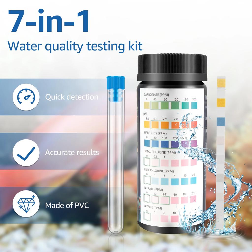 100Pcs Aquarium Test Strips 7 in 1 Water Testing Kits with Test Tube Freshwater Saltwater Home Carbonate Root pH Test Tool