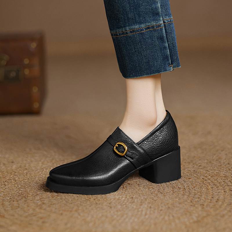 Krazing Pot Cow Skin Autumn Winter Shoes Chunky Heels Size 43 Size 42 Round Toe Zipper Deep Mouth Retro Fashion Pumps