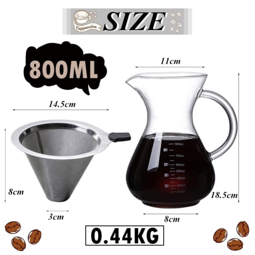 AKEMI LIVING Coffee Server, Coffee Carafe Set, Coffee Dripper, Stainless Steel Filter, Double-Layer Mesh, Heat-Resistant Glass, No Filter Required, Se