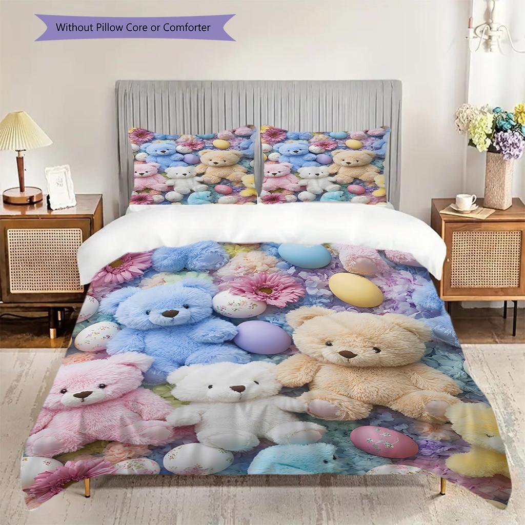 Teddy Bear Pattern Bedding Quilt Set Quilt Cover Pillowcase Home Decoration Birthday Gift (1 * duvet cover + 2 * pillowcase, without core)