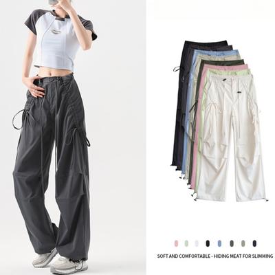 Quick Drying American Retro Spicy Girl Loose High Waisted Work Pants for Women Summer Wide Leg Casual Paratrooper Pants