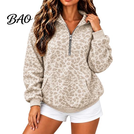 Relaxed Fit Pullover Top Women Leopard Print Hoodie, Oversized Half Zip Hooded Sweatshirt with Spring Autumn Kangaroo Pocket, Fall Long Sleeve Casual