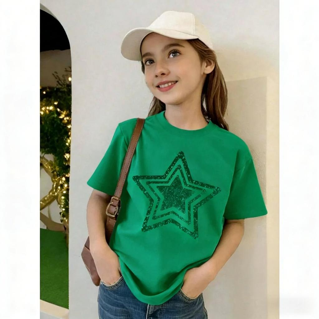 Summer New Children Tee Star Graphic Round Neck T-Shirt Girl Clothes Short Sleeve Outdoor Breathable Top Clothing