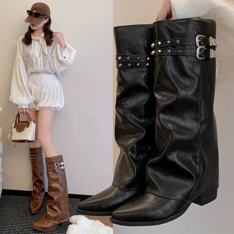 

Модные винтажные ботинки-рыцари с заклепками Spice Girls, маленькие женские ботинки до середины голени 40 чёрный