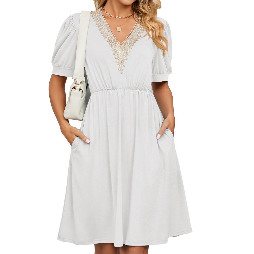 Städtisches Stilkleid mit Taschen und V-Ausschnitt für den Frühling, Freizeitkleidung
