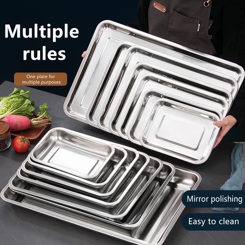 Stainless Steel Barbecue Tea Storage Serving Trays Rectangle Steamed Rice Sausage Plate Grill Meat Restaurant Metal Utensils 1Pc