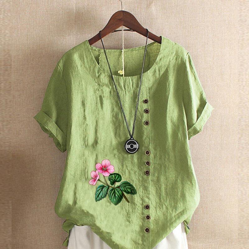 

Женская модная футболка с коротким рукавом с цветочным принтом, свободная хлопковая рубашка, повседневная свободная летняя блузка, топы больших размеров 5XL зелёный