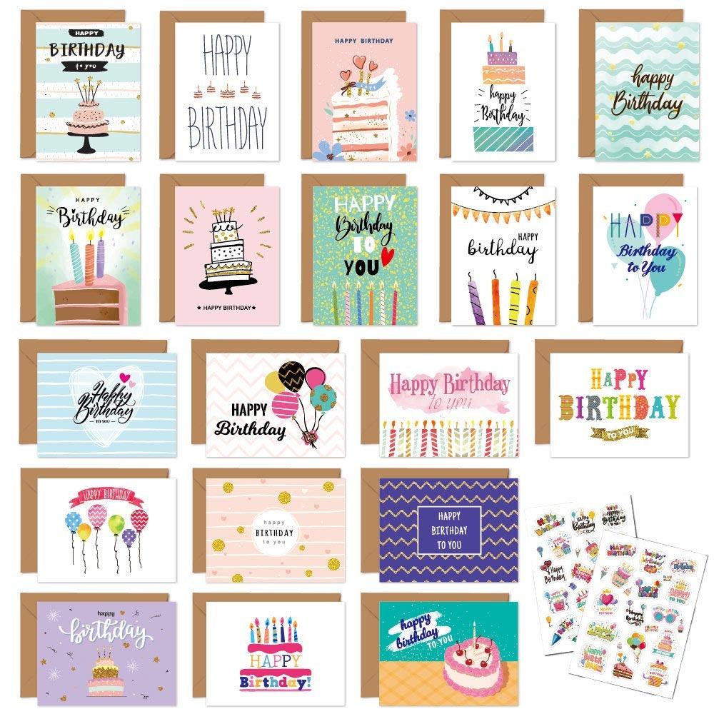 20PCS Mixed Pattern Birthday Greeting Cards Cartoon Paper Birthday Postcards with Envelopes with Stickers Happy Birthday Card