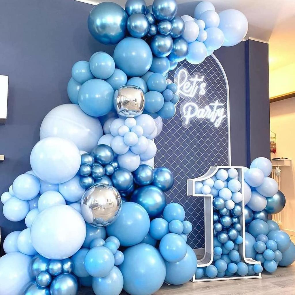 Bruiloft Verjaardag Babyborrel Geslachtsonthulling Decoraties Stofblauw Wit Ballonnenboog Slingerset