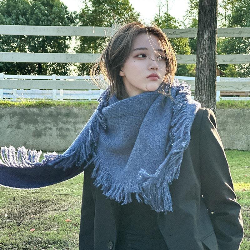 New Niche Design Solid Color Tassel Triangle Scarf for Men and Women Retro Thickened Warm Wool Shawl·