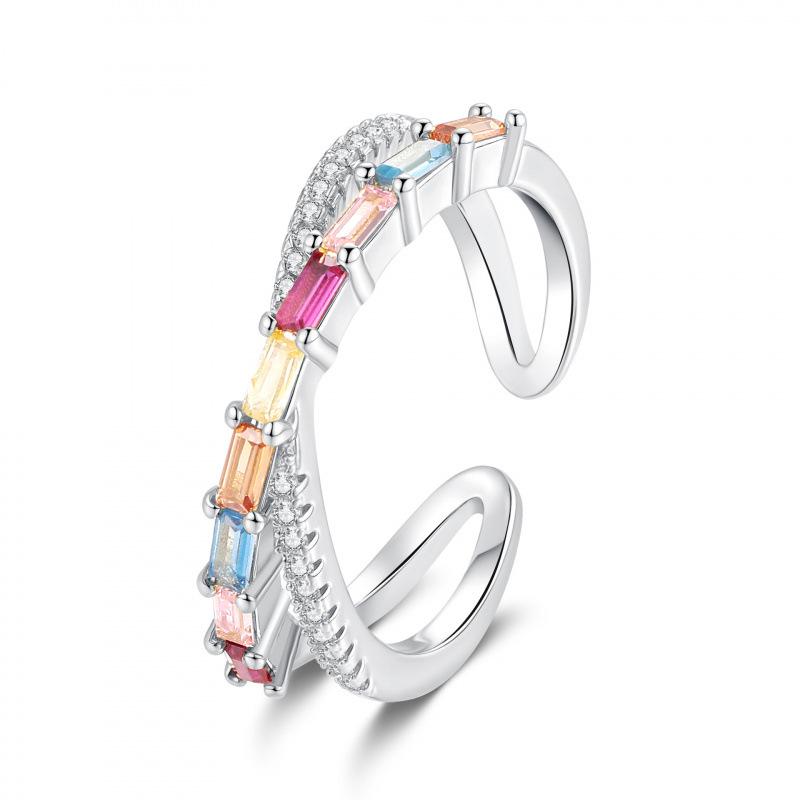 

European & American Fashionable Double Row Rhinestone Zirconia Adjustable Ring for Women - Celebrity Style Finger Jewelry Adjustable