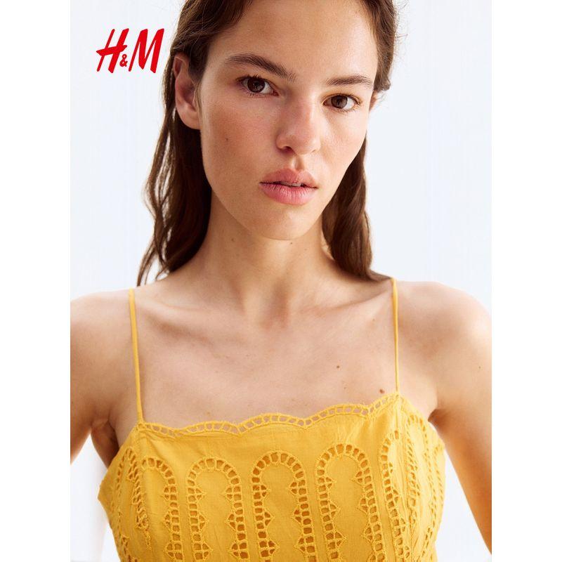 

HM Women s clothing dress 2025 Summer New Hollow Embroidered Sling Dress 1288490 Yellow 175/116(XL)