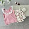 Chic Floral Lace Trim Vest & Bud Shorts Set for Girls