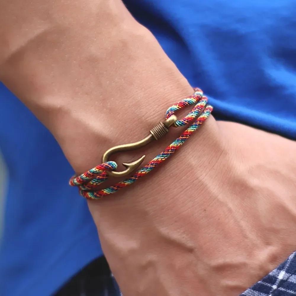 Trendy Fish Hook Double Layer Rope Bracelet, Adjustable Handmade Wristband for Men Women, Stylish Daily Wear Accessories & Gift