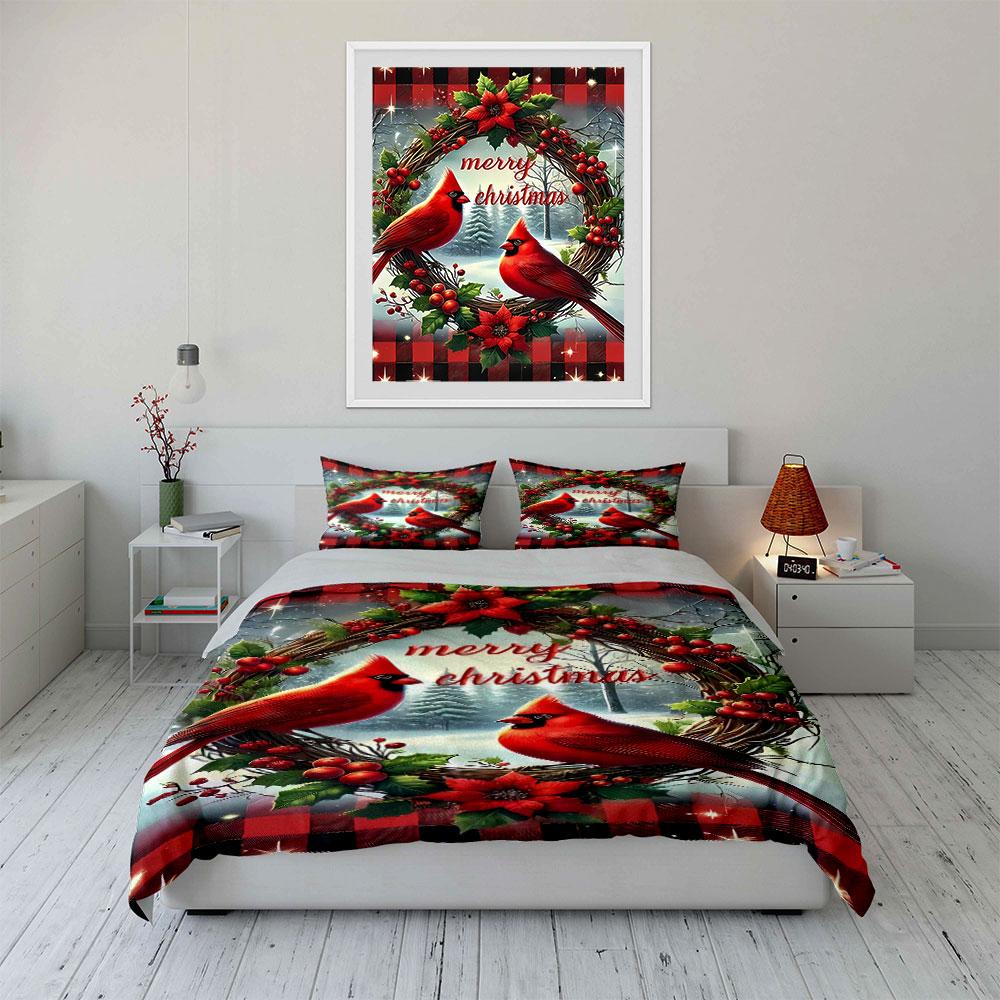 Cardinals, Wreath, Poinsettias, Berries. Bedding Sets Duvet Cover Sets Duvet Covers Pillowcases(1 * Duvet Cover 2 * Pillowcases Without Duvet Insert)