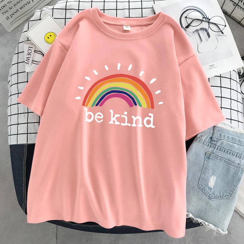 Be Kind A Glowing Rainbow Womens T Shirt Cotton Cool Tshirt Street Oversized Short Sleeve Fashion Breathable Tee Clothes