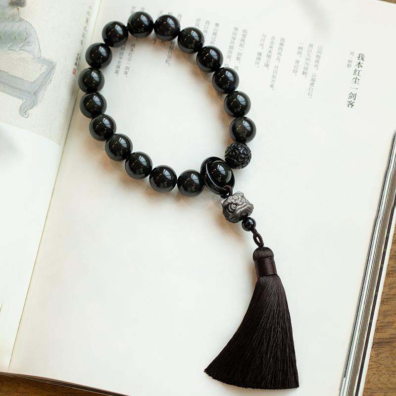 Natural Silver Obsidian Lion Awakening Handheld 18-bead Rosary, Popular Online Style Black Obsidian Handheld Tassel, Gift for Girlfriend or Boyfriend Obsidian Lion Awakening S
