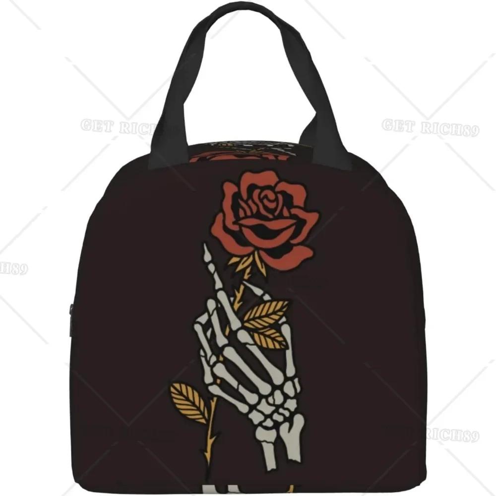 Skeleton Hand Holding Rose Lunch Bag for Women Men Valentine's Day Insulated Lunch Box with Pocket Zippers for Adult Work