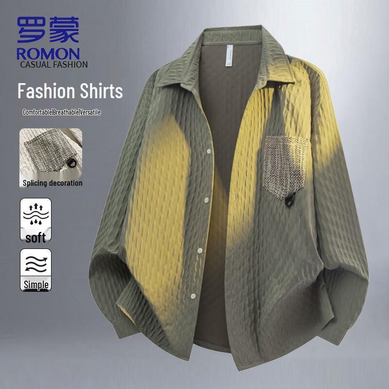 ROMON Men s Double-Layer Diamond Pattern Long-Sleeve Shirt 4XL