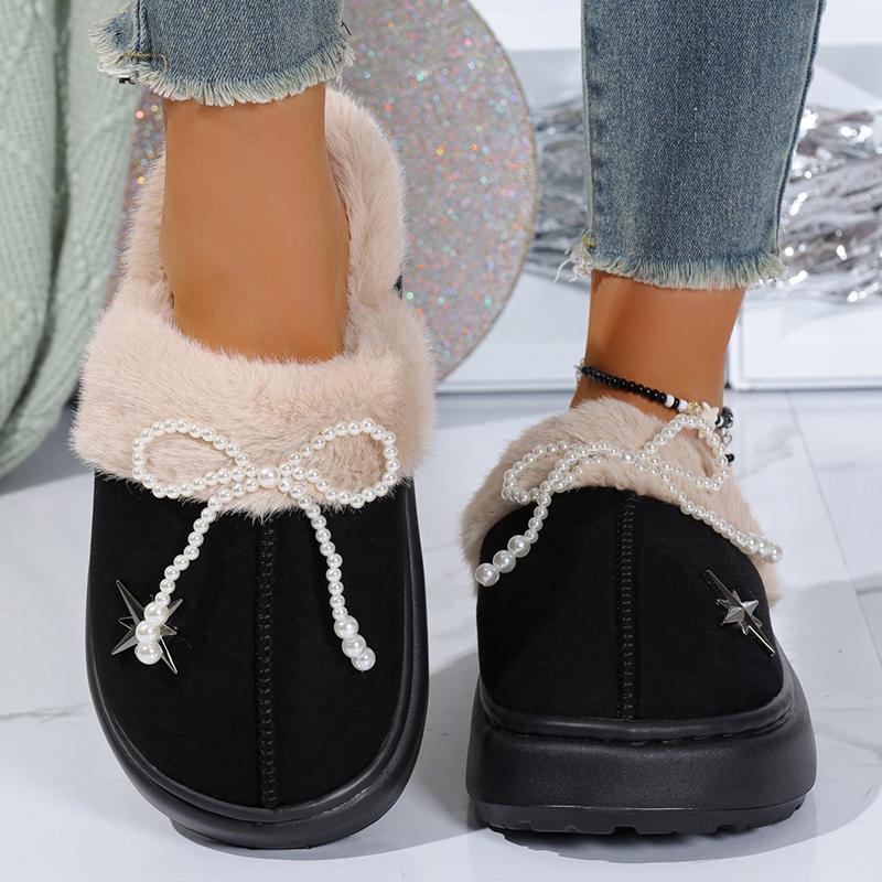 Fashion Fashion Perals Bowknot Fluffy Slippers Women 2025 Warm Faux Fur Platform Slides Woman Outdoor Comfort Non Slip Cotton Slippers