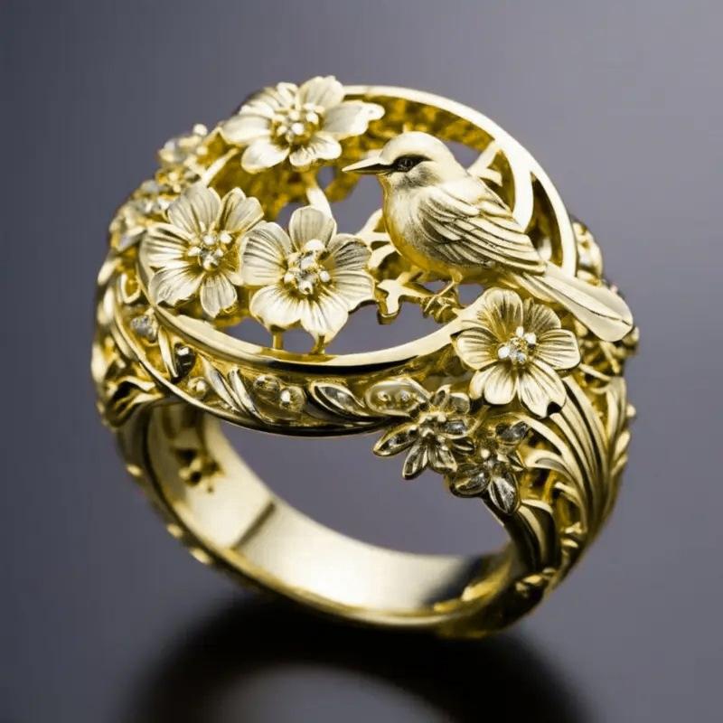 Intricate Floral Bird Design Hollow Band Ring Detailed Carving Nature Inspired Jewelry for Women and Men