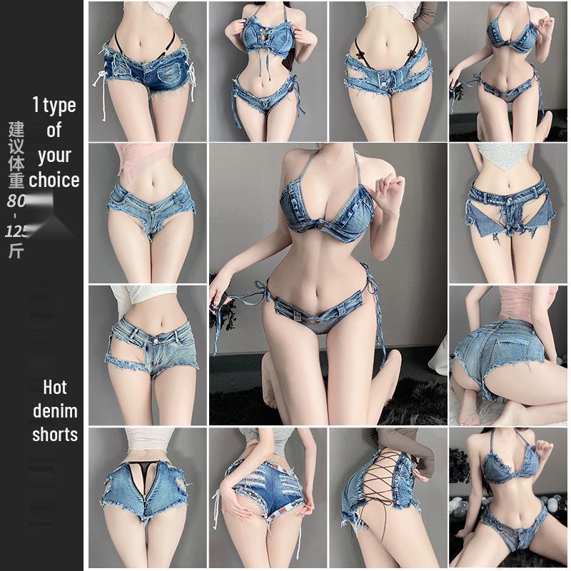 Linlin Ting Women's Low Waist Open Crotch Ripped Denim Lingerie Shorts - Sexy Nightclub Temptation Wear