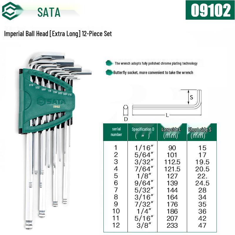 SATA Extra-Long Ball-End Hex Key Set, Inch Sizes (09102-09108)