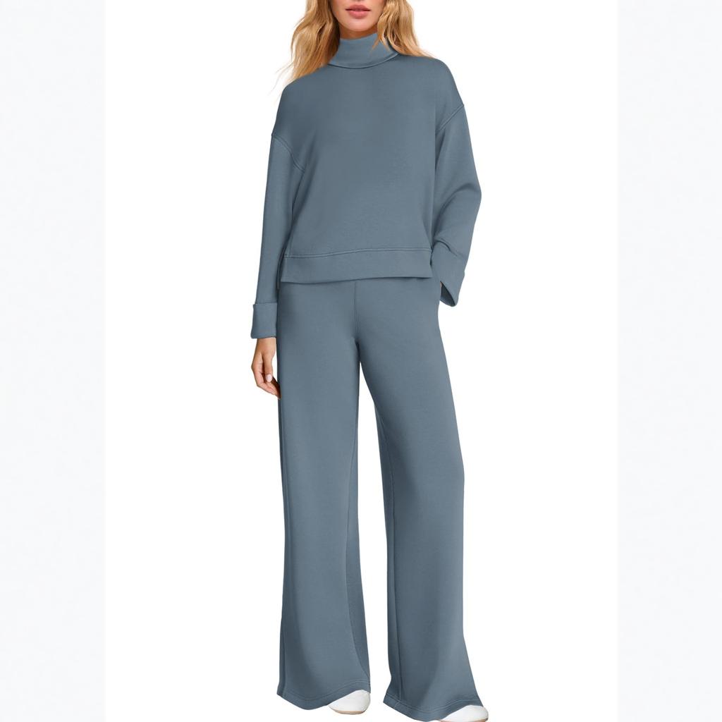 Women's Fashion Casual Color Loose Mock Neck Sweatshirt Suit