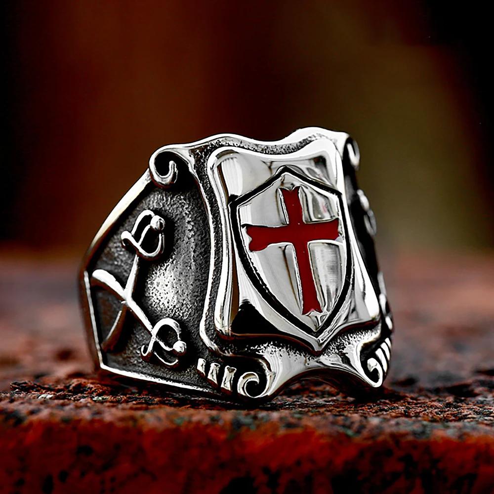 Vintage Knights Templar Cross Shield Rings For Men Gothic Punk 316L Stainless Steel Masonic Rings HipHop Rock Biker Jewelry Gift