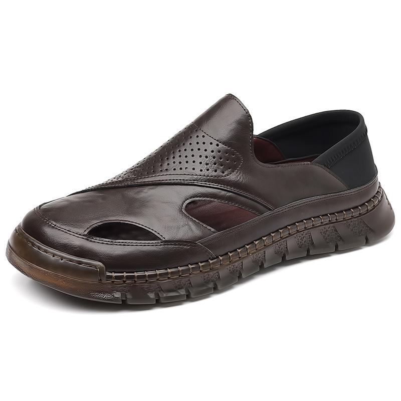 Summer New Men's Comfortable Leather Sandals Solid Color Fashion Casual Soft Sole Hallow Breathable Designer Shoes For Men