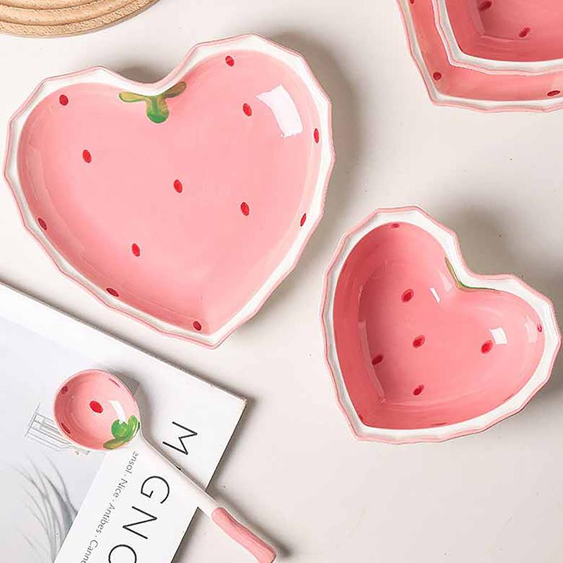 Strawberry Bowl Spoon Plate Set Beautiful Girl Heart Bowl Salad Bowl Dessert Household Tableware
