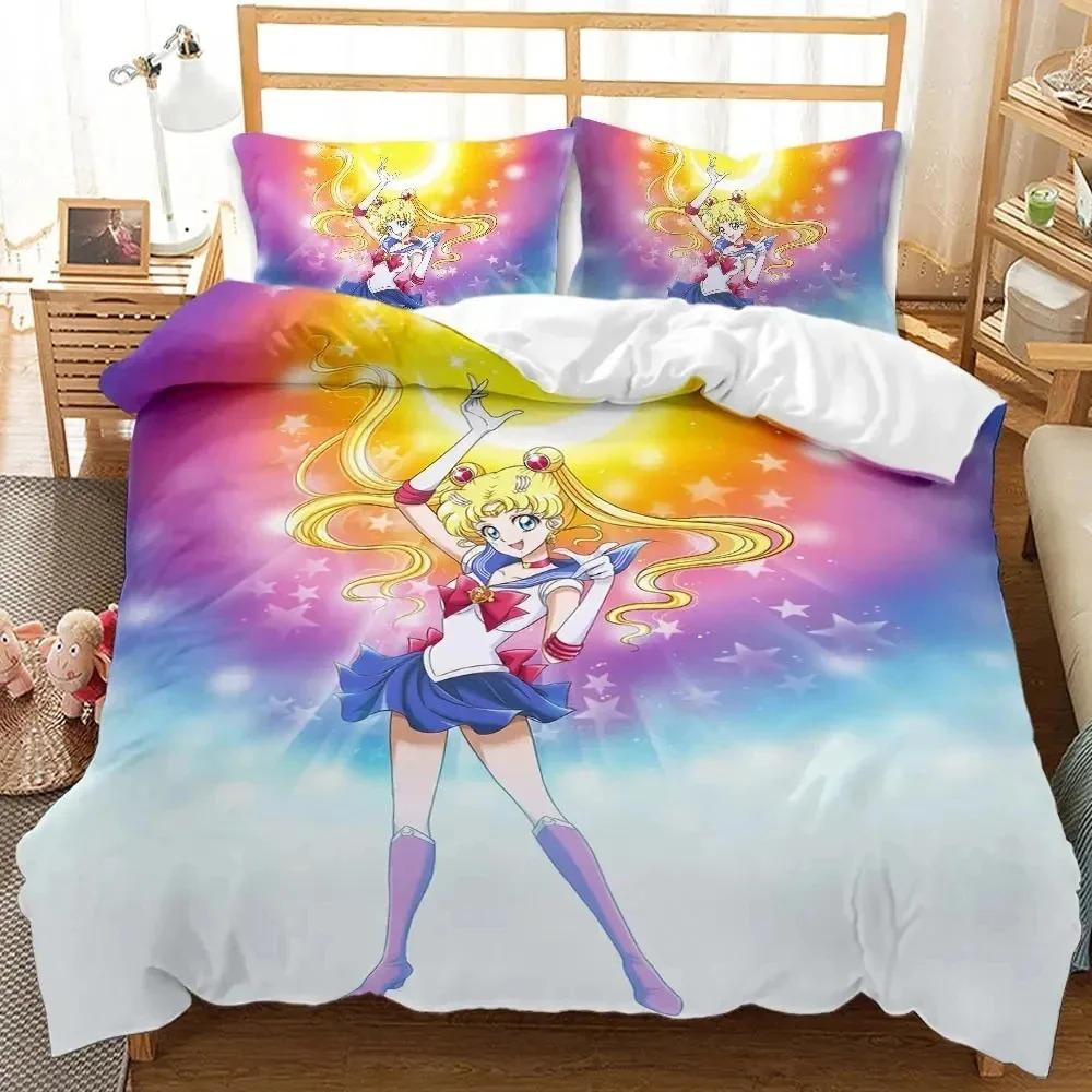 Kreslený S-Sailor-M-Moon Ložní set, Chlapecký a dívčí povlak na přikrývku, povlak na polštář, dárek, Domácí ložnicový quiltový set, Velký King 260x220cm