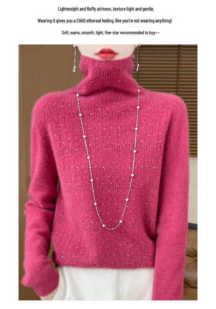 Women's Pure Wool Rhinestone Embellished Knit Top, Stacked Collar, Long Sleeve, Hollow Design for Autumn/Winter