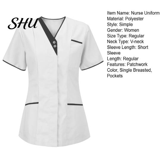 Tops Uniforme Camici da Infermiere Traspiranti Donna Scollo a V Manica Corta Tasche Top Scrub Tute Uniformi Patchwork Colore Design Lavoro Infermieristico