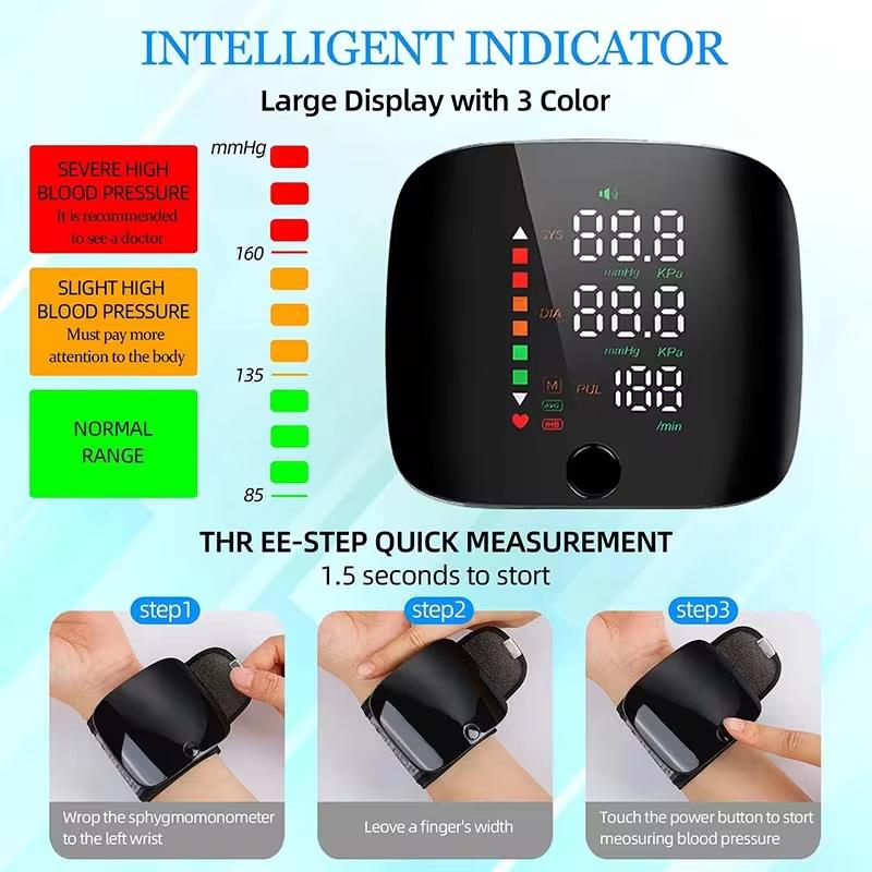 Dobíjecí zápěstní krev s LED obrazovkou Hlasový inteligentní dotykový digitální automatický monitor krevního tlaku Monitor srdeční frekvence Pulz Monitor krevního tlaku
