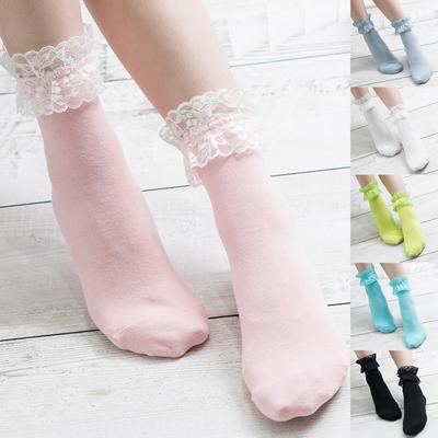 Damen Casual Süße Spitze Rüschen Rüschen Söckchen Damen Prinzessin Mädchen Solide Lolita Stil Socken Baumwollsocken